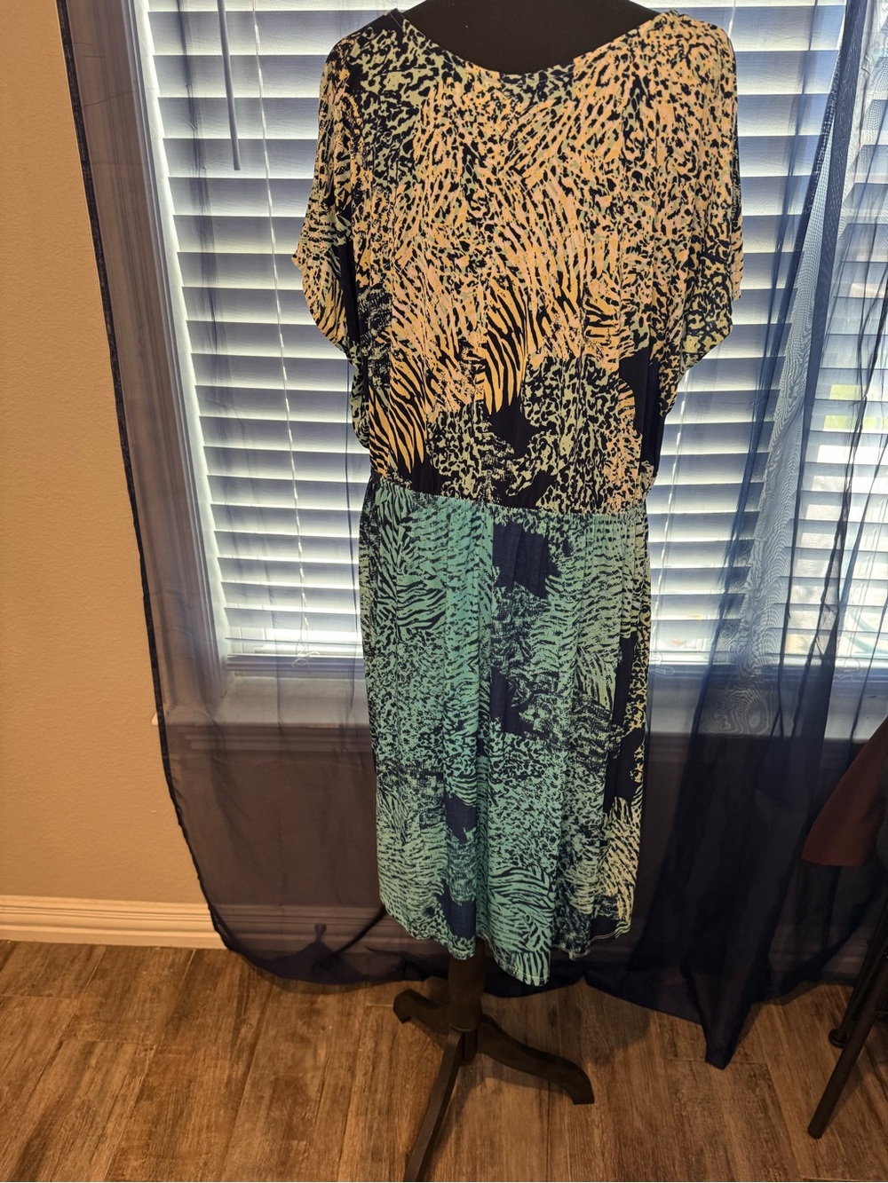 Cato Mixed Animal Print Midi Dress in Teal and Navy